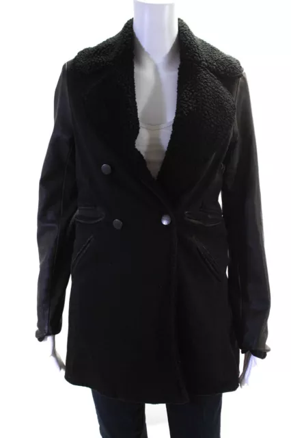 Current/Elliott Womens Cotton Denim Fleece Lapel Trench Jacket Black Size S