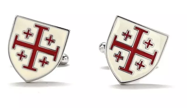 Crusaders Shield Cufflinks Jerusalem Cross Cuffs White and Red Enamel Design Pro