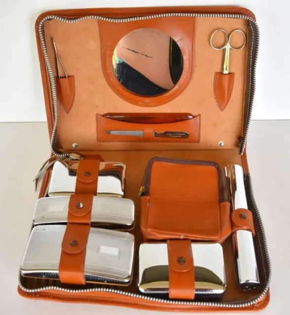 Vintage Travel Grooming Vanity Set in Hickok Kangaroo Leather Case Exc/Cond