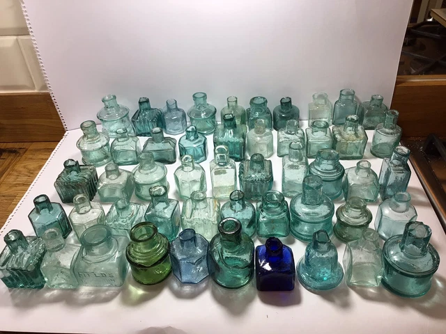 JOB LOT 50 Old Antique Victorian Ink Bottles Includes COBALT BLUE, GREEN BARGAIN