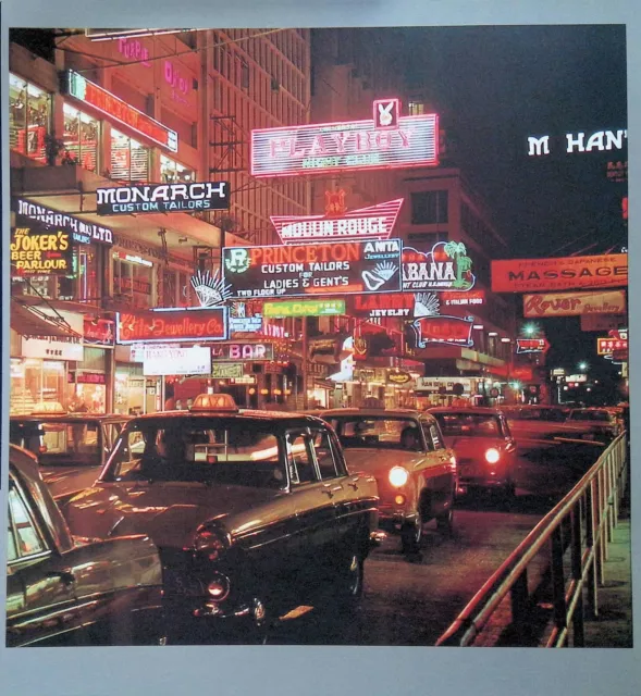 Street Bars At Night Vintage Cars Signs Hong Kong 1970 ~11x12" Full-Color Print