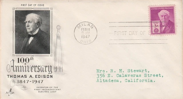 100th Anniversary Thomas Edison Art Craft First Day Cover 1947 Milan Ohio