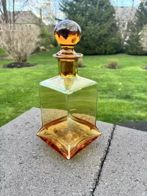 Vintage MCM Amber Square Decanter Carafe with Ball Stopper 10.5"