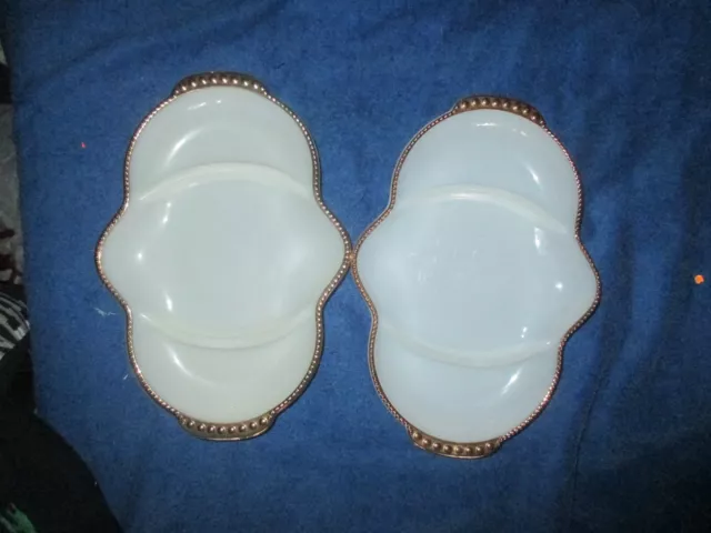 Fire King Milk Glass Divided Relish Dish SET 22k Gold Beaded Rim