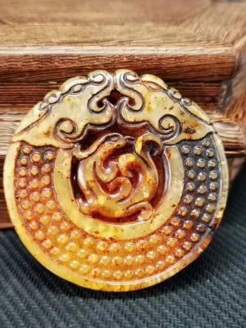 Rare Ancient Chinese Old Jade Hand Carved Statue Dragon Bi Pendant F10