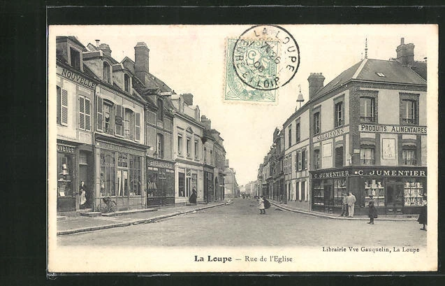 CPA La Loupe, Rue de l´Eglise, Partie avec commercesn 1906