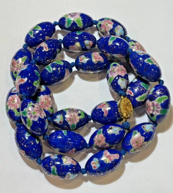 Chinesisch Export Blau Cloisonne Emaille Blume Oval Perlen Knoten Halskette DE10