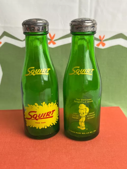 Vintage Lil Squirt Soda SALT & PEPPER Shakers Glass Bottle Metal Top Promo