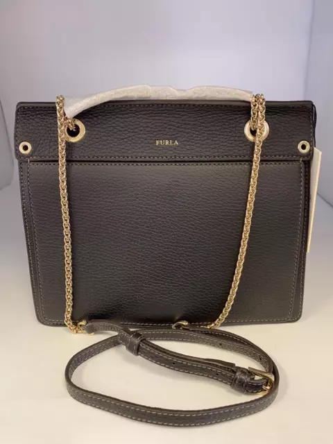 NWT Furla Onyx Black Pebbled Leather Small Elle Tote Bag $248