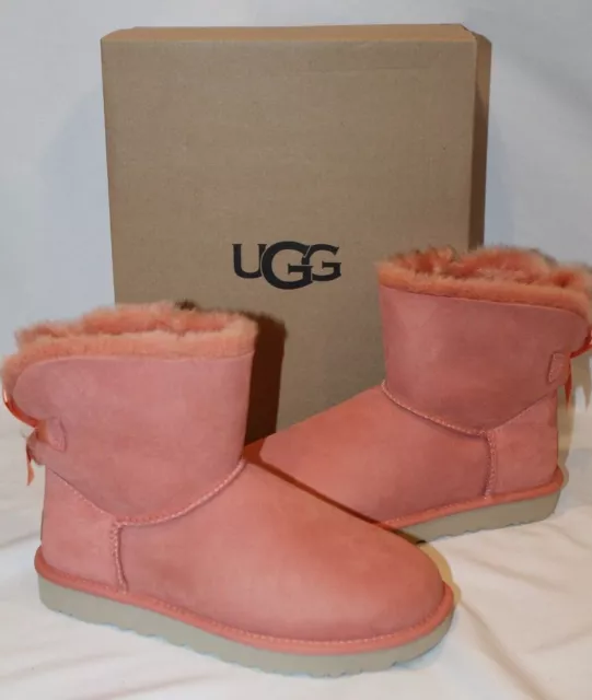 NIB UGG Women's Bailey Bow II Mini Classic Suede Shearling Boots Coral