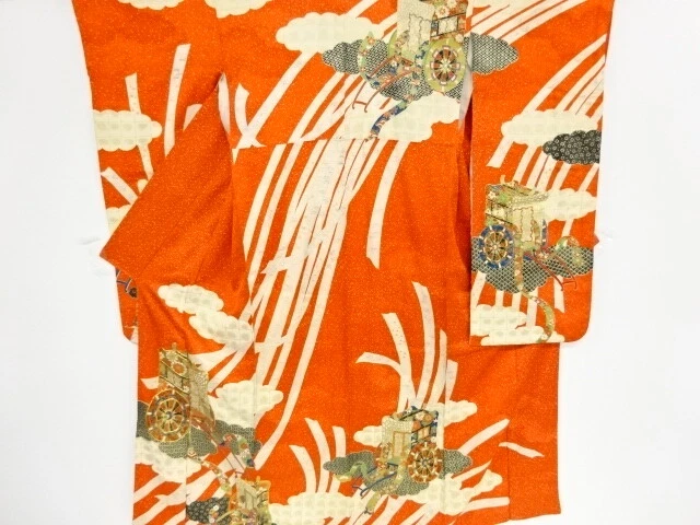 40527# Japanese Kimono / Antique Furisode / Embroidery / Carriage & Noshi Pa