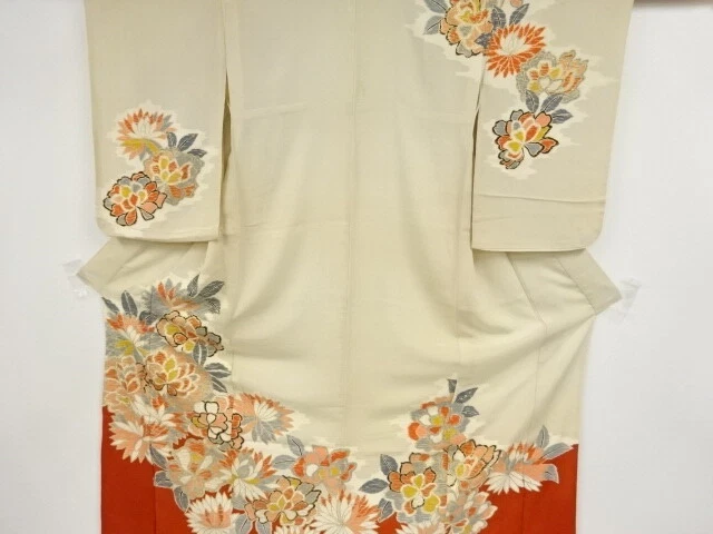 38834# Japanese Kimono / Antique Hitoe Kimono / Kinsha / Flower