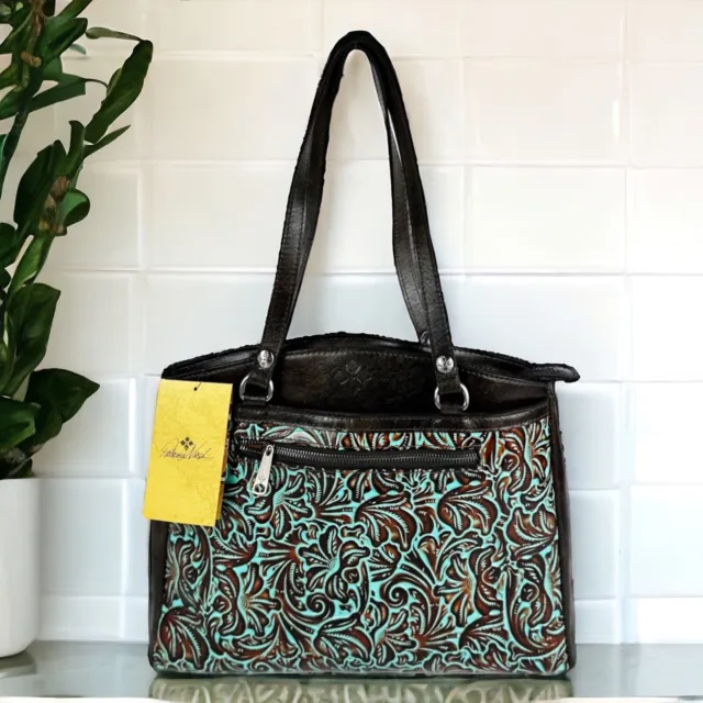 $269 Patricia Nash Brown TOOLED TURQUOISE POPPY Leather Tote Shoulder Bag NEW