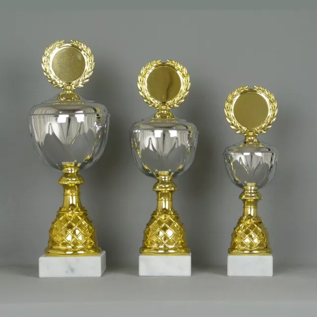 3er Serie Pokale / 34-28cm / silber-gold / mit Gravur + Emblem / kompl. MONTIERT