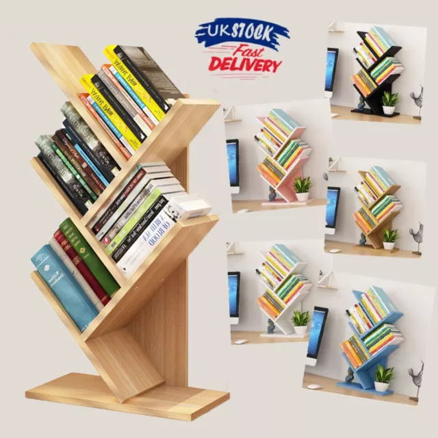 5-Tier Tree Bookshelf Bookcase Desk Book Rack Shelf Display Free Standing Wooden