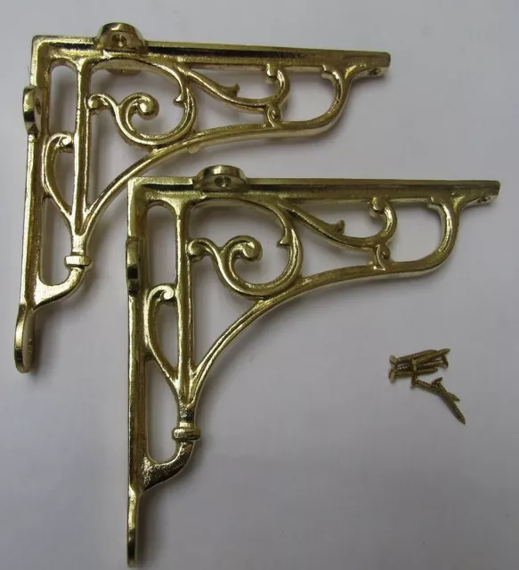 7" PAIR OF BRASS ON IRON  Victorian scroll ornate shelf support wall brackets