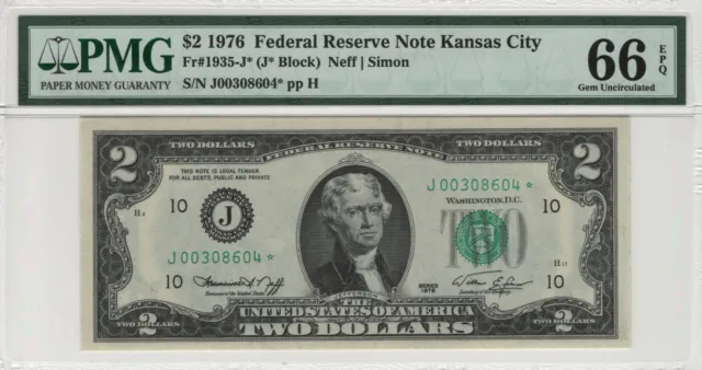 1976 $2 Federal Reserve Star Note Kansas City Fr.1935-J* Pmg Gem Unc 66 Epq