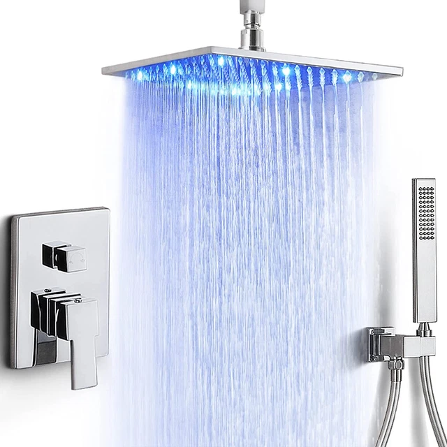 Sistema de ducha de lluvia de montaje en techo de 12 pulgadas LED juego de válvulas de cabezal de ducha cromado
