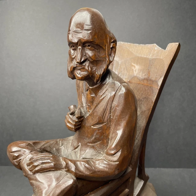 1960s Hand-Carved Solid Wood Carving Man In Rocking Chair By Paul-Emile Caron