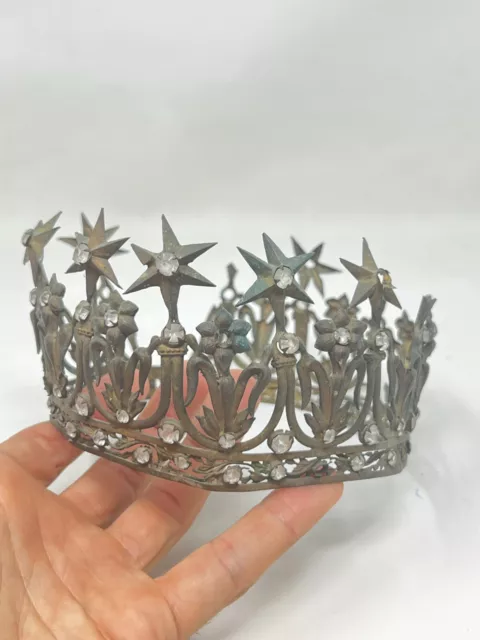 Couronne Laiton & Strass Statue Religieuse XIX EME Antique Crown
