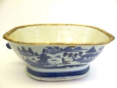 Old Glazed Porcelain Blue White Chinese China Asian Y Signed Bowl Pot