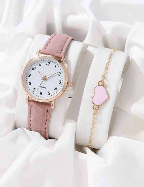 Ladies Womens Girls Watch+Bracelet Fashion Leather Strap Quartz Wristwatch UK