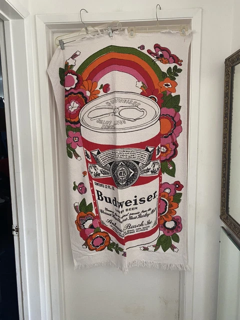 vintage Budweiser Beach Towel Floral Rainbow Pull Tab Can 1970s hip