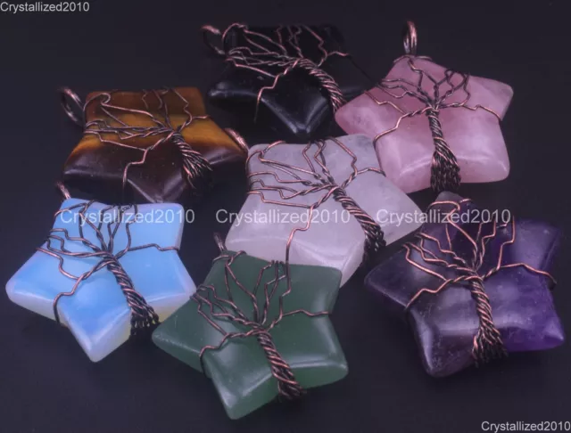 Natural Gemstones Star Handmade Wire Wrap Life Tree Healing Pendant Beads Copper