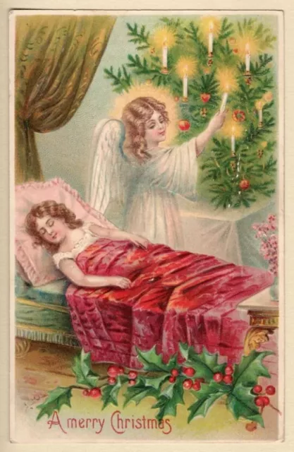 A Merry Chistmas postcard Angel light candle tree sleeping child holly embossed