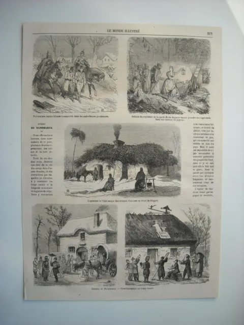 Gravure 1864.  Guerre Danemark. Prisonniers Danois Blesses. Divertissement Danos