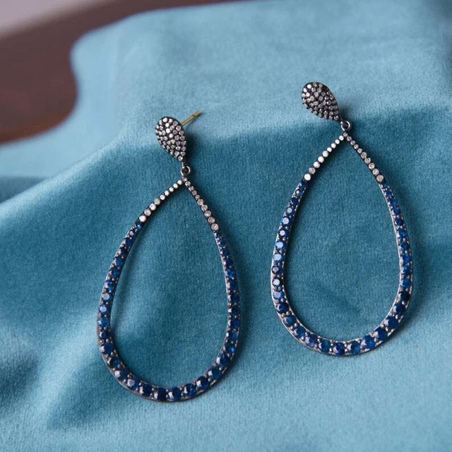 Blue Sapphire Pave Diamond Gold Plated Earring 925 Sterling Silver Jewelry HG 3