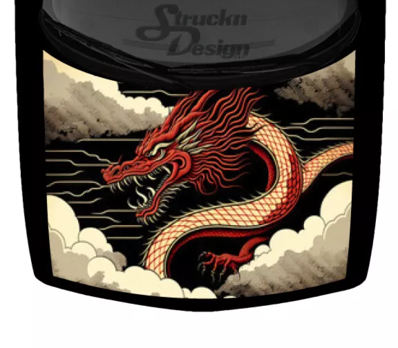 Drawn Red Chinese Dragon Cloudy Waters Hood Truck Wrap Vinyl Car Graphic Decal