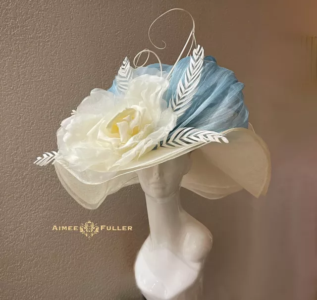 Kentucky Derby Hat White Cream Light Blue Bridal Hat Rose Royal Ascot Hat Womens