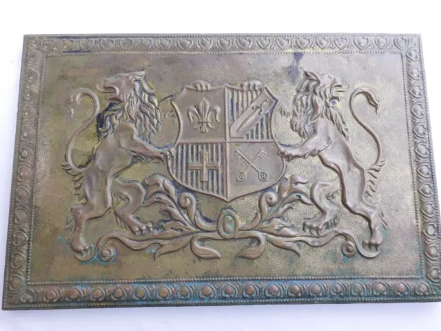 Antique Brass Bronze Plaque Pressing English Scottish Coat of Arms Lions 18X12