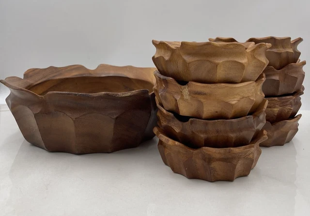 Vintage Wood Scalloped Edge MONKEY POD LARGE SALAD BOWL 8 Bowls