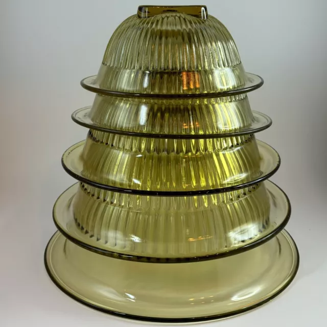 Set of 4 Hazel Atlas Amber / Yellow Glass "Rolled Edge" Nesting Mixing Bowls Mcm