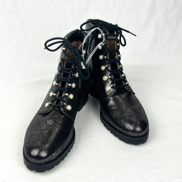 Jack Rogers Women 9 Peyton Pearl Lace-Up Lace Up Ankle Faux Leather Combat Boots
