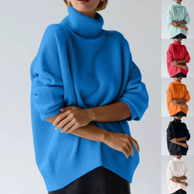 Women's Turtleneck Sweater Solid Color Loose Long Sleeved Jumper Knitted Sweater