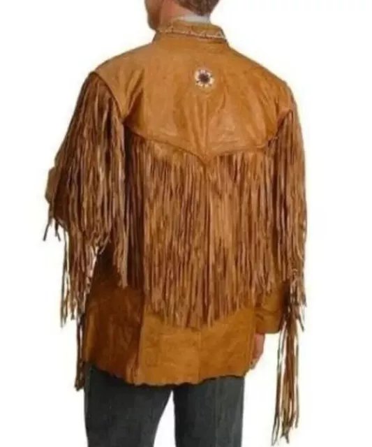 Men's Native American  Leather Jacket Fringes & Beads Cowboy Western jacket 2