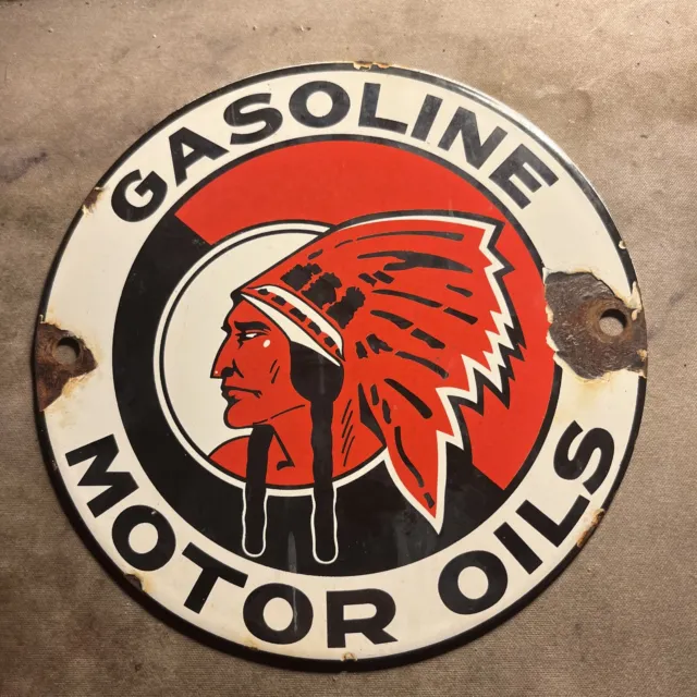 RED INDIAN GASOLINE MOTOR OILS OIL Porcelain Sign Oil Gas Pump Plate 6"