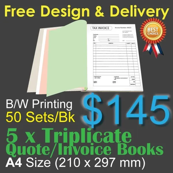 5 x A4 Customised Printed Triplicate QUOTE / Tax INVOICE Books+Free Design&Post