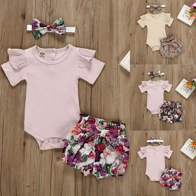 Newborn Kids Baby Girls Outfits Clothes Romper Bodysuit+Flower Print Shorts Set