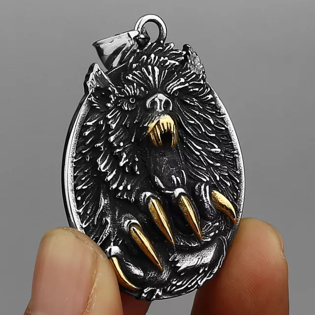 Silver Stainless Steel Nordic Viking Odin's Wolf&Paw Pendant Necklace Amulet