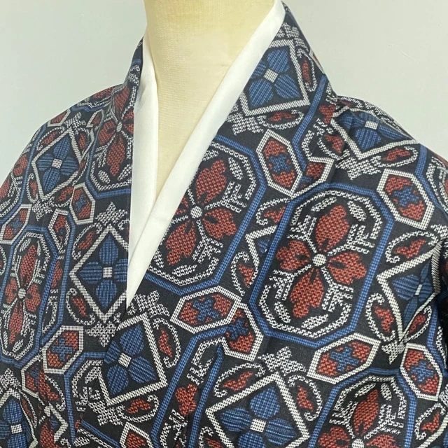 Japanese Kimono Murayama Oshima Tsumugi Silk Pongee Weave 160.5cm Blue Red