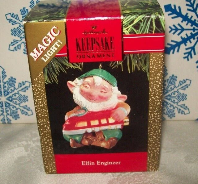 Hallmark Elfin Engineer 1991 Magic Light Christmas Keepsake Ornaments Elf Train