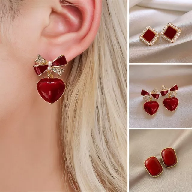 Pendientes geométricos rojos de diseño dulce otoño e invierno