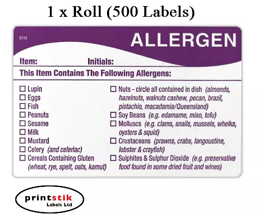 500 x FOOD ALLERGEN ALLERGY WARNING ALERT SAFETY STICKER/LABEL 500 PER ROLL FSA