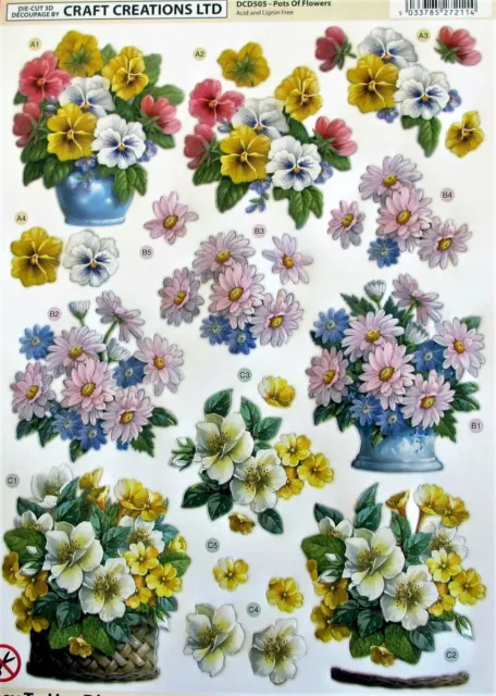 A4 DIE CUT 3D Paper Tole Decoupage "POTS OF FLOWERS" SHEET DCD505 Birthday