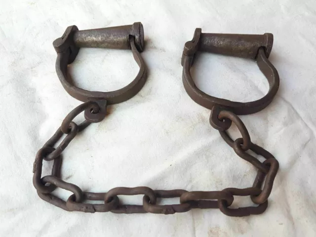 Handcrafted Heavy Chain Leg Cuffs Lock Key Handcuff Vintage Old Antique Iron
