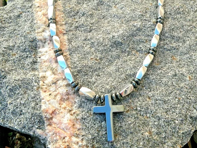 Holy 2 Sided Cross Magnetic Therapy Silver n Black Hematite NECKLACE